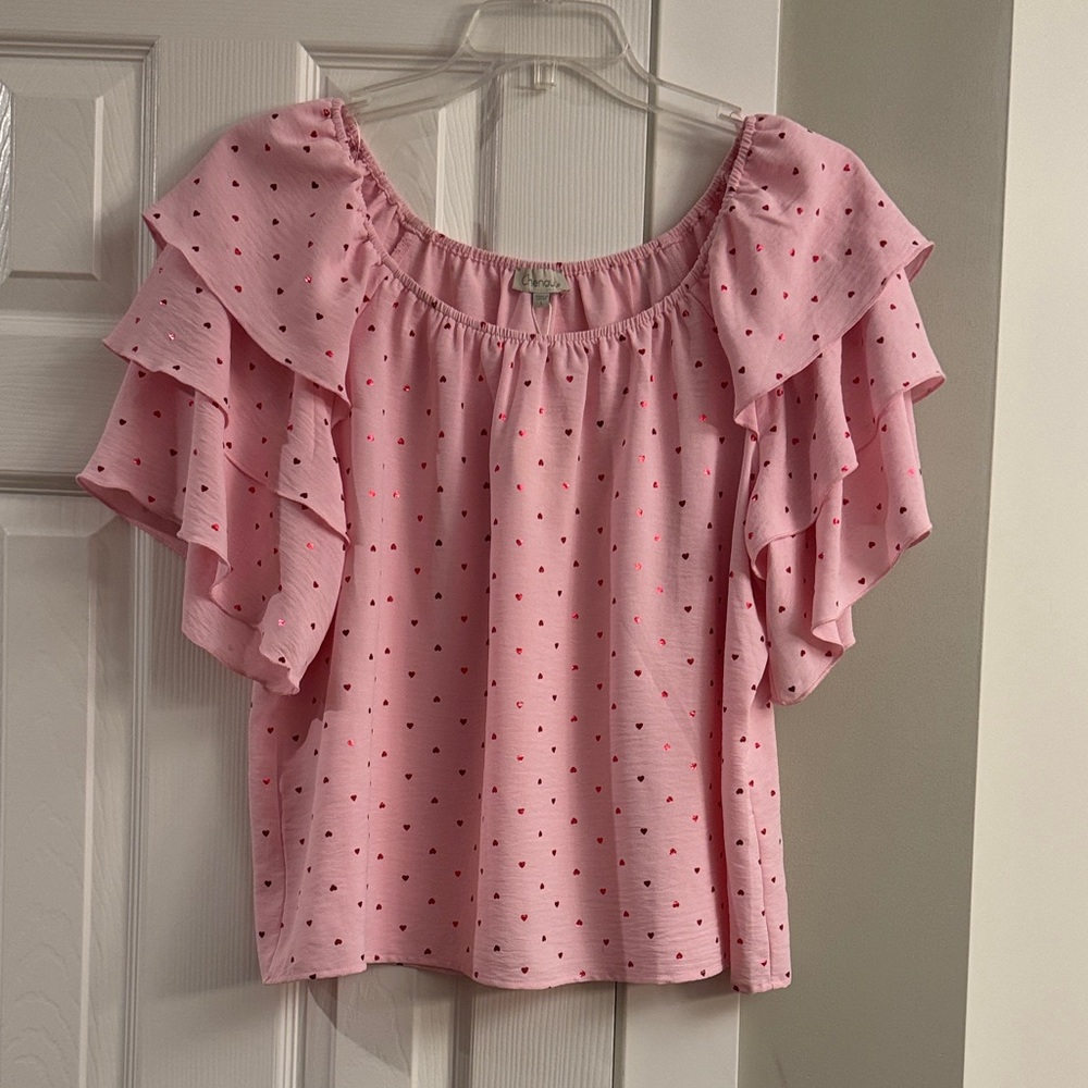 Pink Ruffle Sleeve Heart Print Top